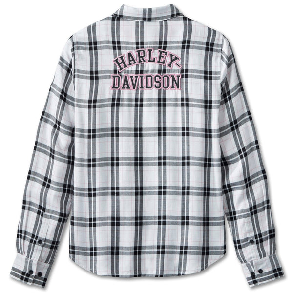 Harley-Davidson Women's Pink Label Button-Down Plaid Long Sleeve Shirt, White/Pink 96170-24VW