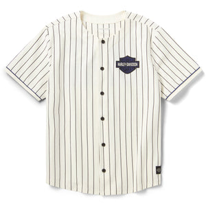 Baseball jersey with pinstripes and Harley-Davidson logo on a white background