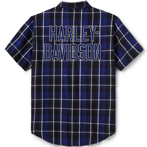 Blue and black plaid shirt with 'Harley Davidson' text on the back, on a white background