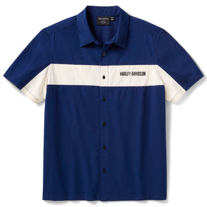 Blue and white shirt with Harley-Davidson logo on a white background
