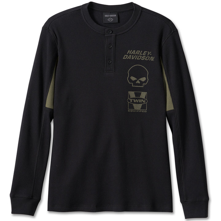 Harley-Davidson Men's Willie G Skull Logo Henley Thermal Sweatshirt, Black 96203-24VM