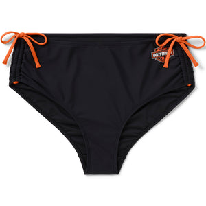 Black bikini bottom with orange ties and Harley-Davidson logo on a white background