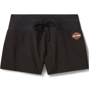 Black shorts with a logo on a white background
