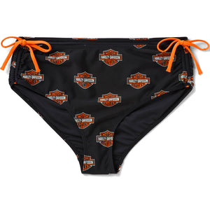 Black bikini bottom with orange accents and Harley-Davidson logo pattern on a white background