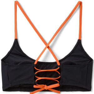Black bikini top with orange straps on a white background