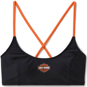 Black sports bra with orange straps and Harley-Davidson logo on a white background