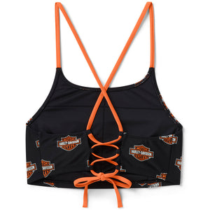 Black bikini top with orange straps and Harley-Davidson logo on a white background