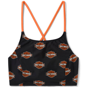 Black sports bra with orange straps and Harley-Davidson logo pattern on a white background