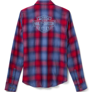 Red and blue plaid shirt with Harley-Davidson logo on a white background