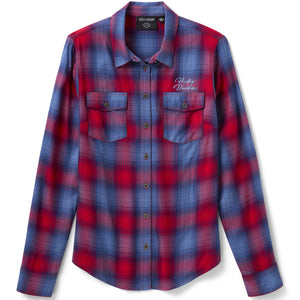 Red and blue plaid shirt with a brand logo on a white background