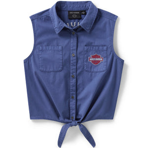 Blue sleeveless shirt with a logo on a white background