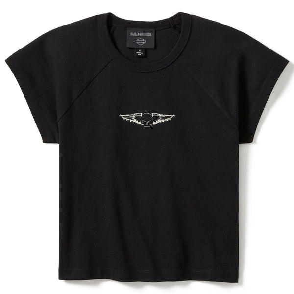 Harley-Davidson Women's Willie G Silver Wings Baby Doll Short Sleeve Shirt, Black Tee 96278-25VW