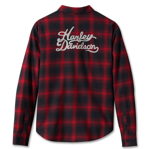 Harley-Davidson Women's Old American Retro Long Sleeve Plaid Flannel Shirt, Black/Red 96280-24VW