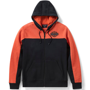 Orange and black hoodie with a brand logo on a white background