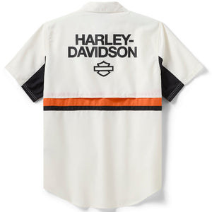 White shirt with black and orange accents featuring Harley-Davidson logo on a white background