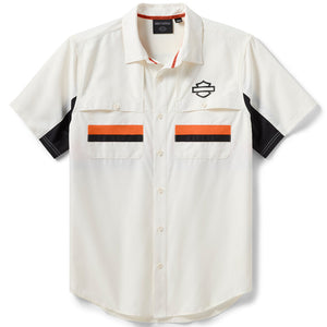 White short-sleeve shirt with black and orange accents on a white background