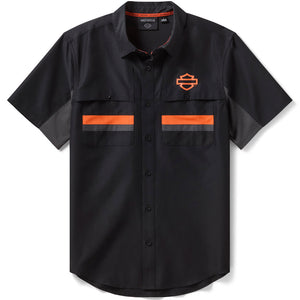 Black short-sleeve shirt with orange accents and a logo on a white background