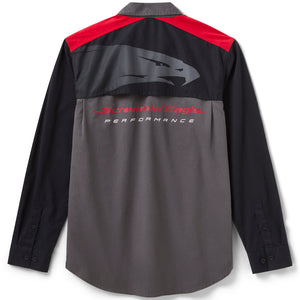Black and red shirt with a logo on the back against a white background