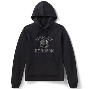 Black Harley Davidson Willie G. Skull rhinestone hoodie on a white background