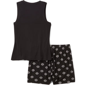 Black tank top and black shorts pajama set with white logo pattern on a white background