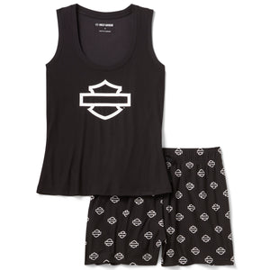 Black tank top and shorts pajama set with a logo on a white background