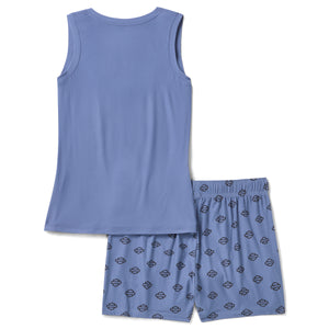 Blue tank top and shorts pajama set on a white background