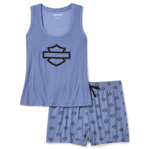 Blue tank top and shorts set pAJAMA  with a black logo on a white background
