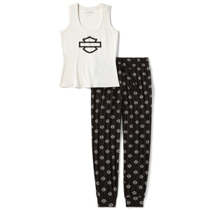 White tank top and black pants with a logo on a white background