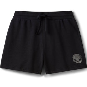 Black shorts with a skull design on a white background