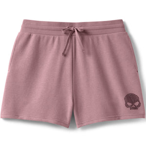Pink shorts with a skull design on a white background