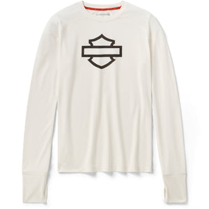 White long-sleeve shirt with a black BAR & SHIELD logo on a white background