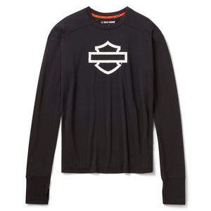 Black long-sleeve shirt with a white BAR &SHIELD  logo on a white background