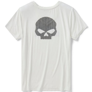 White t-shirt with a black Willie G skull Rhinestone design on a white background