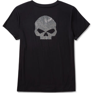 Black t-shirt with a skull design on the back against a white background