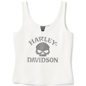 White tank top with Harley-Davidson logo featuring a skull design on a white background