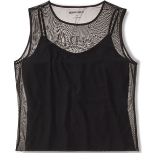 Black tank top with mesh panels on a white background