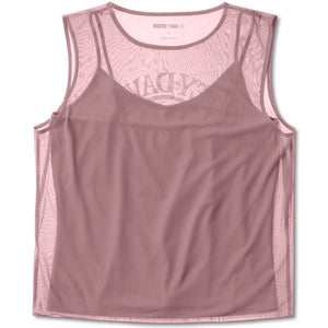 Pink tank top with mesh panels on a white background