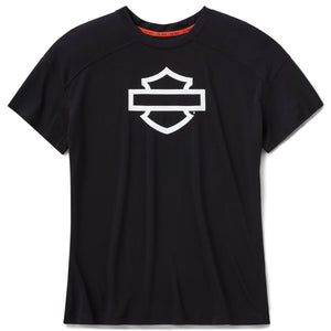 Black t-shirt with a white BAR & SHIELD  logo on a white background