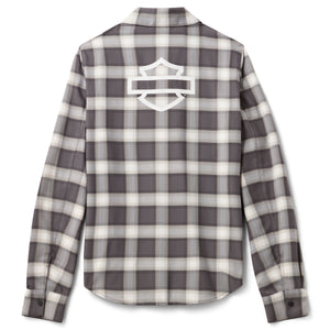 Plaid shirt with a logo on the chest against a white background