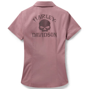 Pink Harley Davidson shirt with skull design on a white background