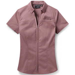 Pink short-sleeve shirt with a brand logo on a white background
