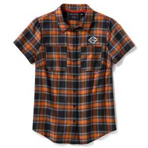 Plaid shirt with a brand logo on a white background