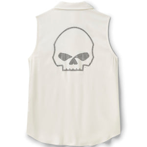 White sleeveless shirt with a skull design on a white background