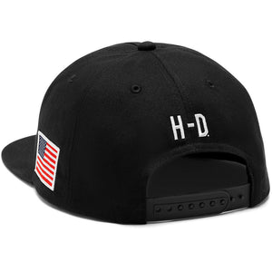 Black cap with American flag patch and 'H-D' logo on a white background