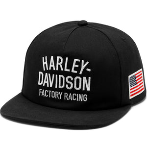 Black Harley-Davidson Factory Racing cap with American flag patch on a white background
