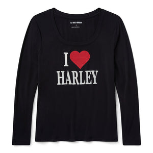 Black long-sleeve shirt with 'I ❤️ HARLEY' text on a white background