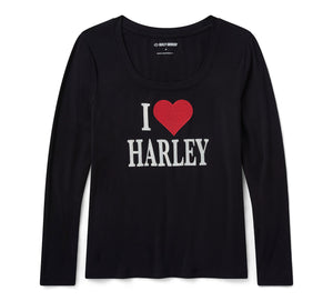 Black long-sleeve shirt with 'I ❤️ HARLEY' text on a white background