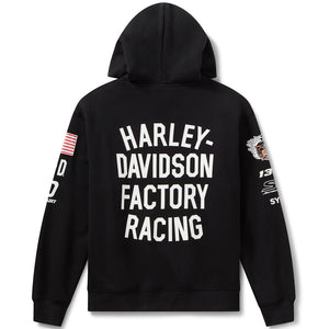 Black pullover hoodie shown from the back, featuring large white 'HARLEY-DAVIDSON FACTORY RACING' text across the upper back, a small American flag patch on one sleeve, and racing graphics on the other sleeve.