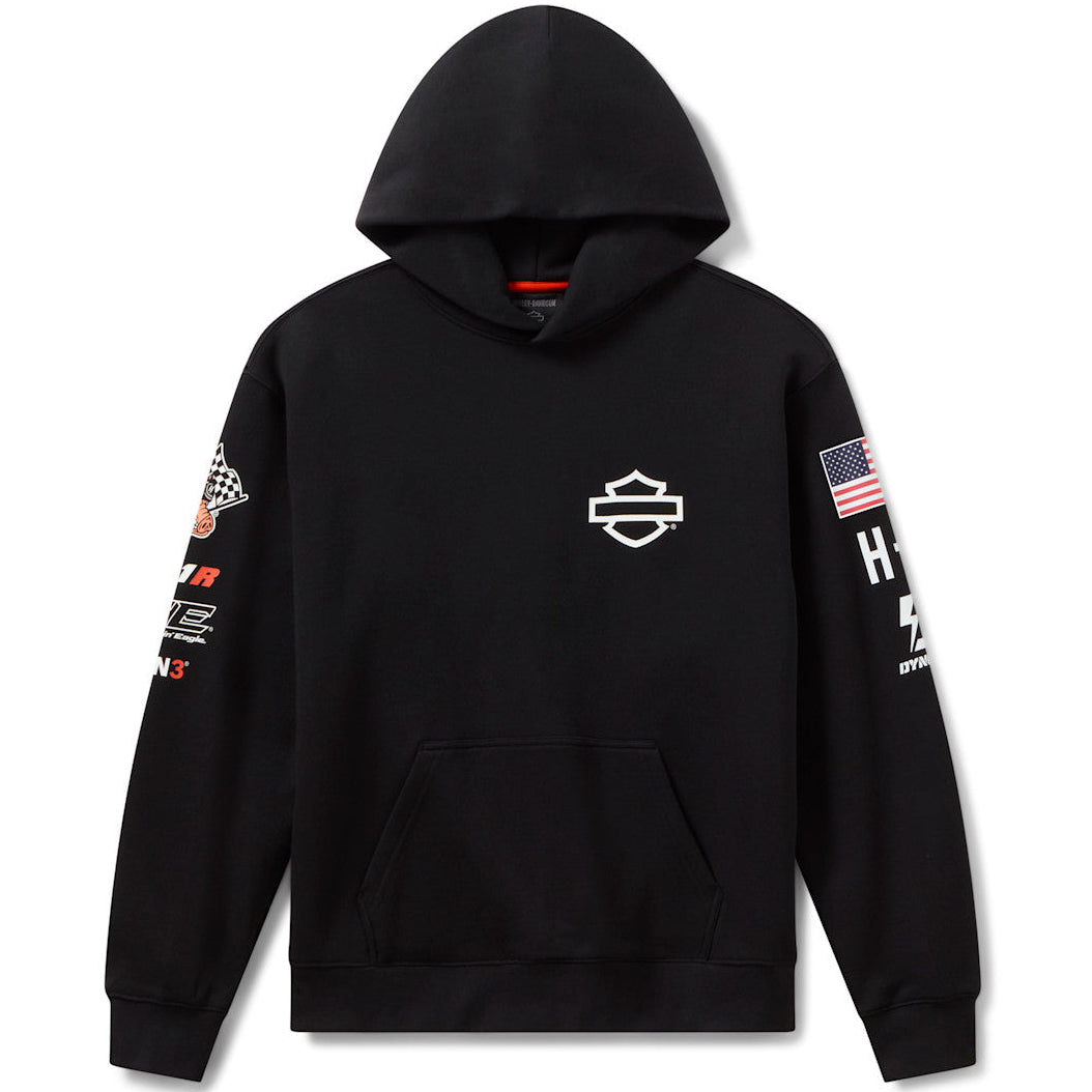 Black hoodie with logos on sleeves against a white background