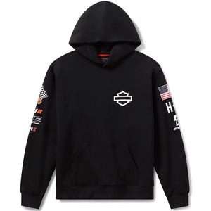 Black hoodie with logos on sleeves against a white background